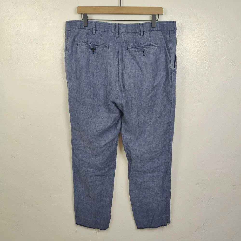 Ermenegildo Zegna Pants Mens 58 Blue 100% Linen Straight Raw Hem Luxury